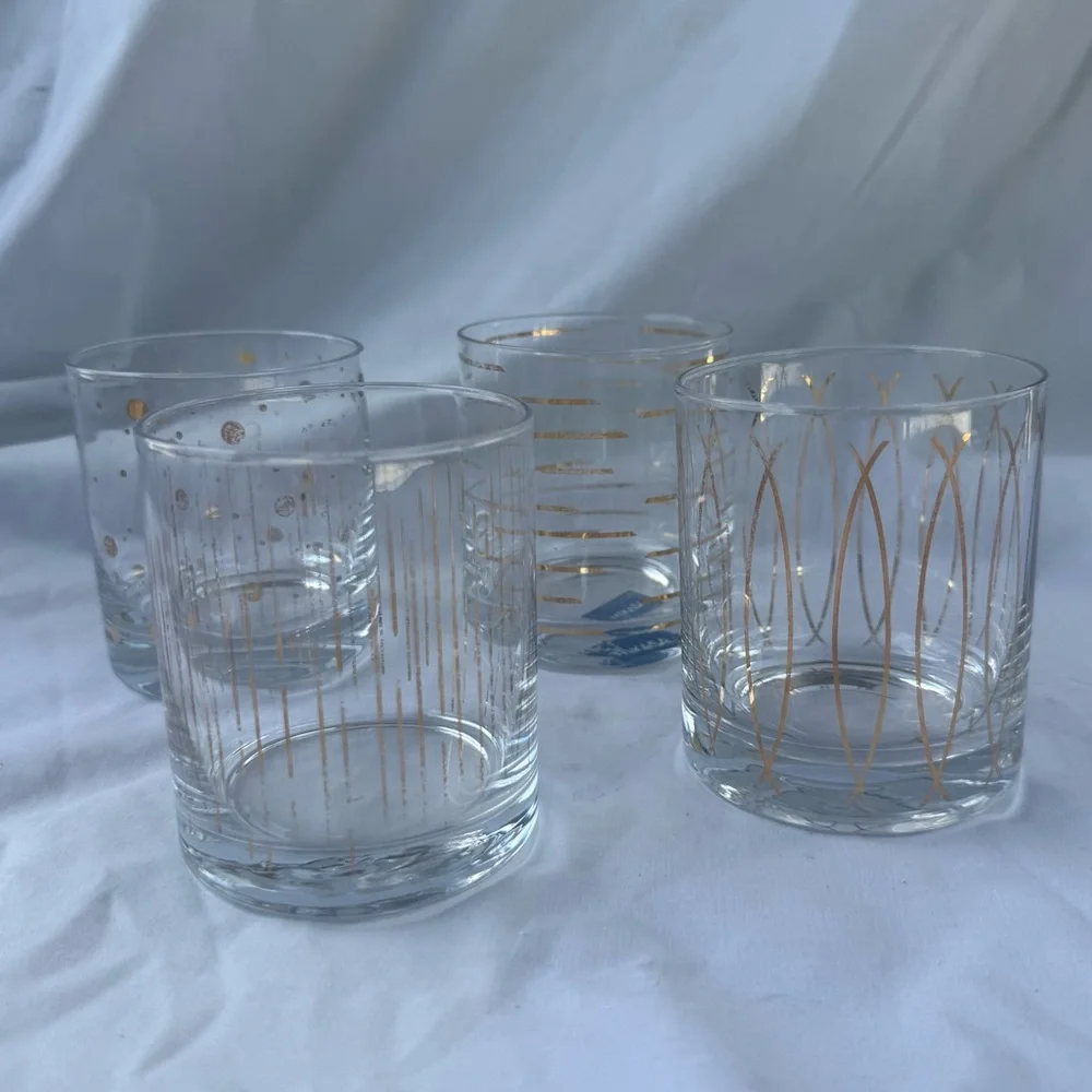 Set of 4 Mikasa Gold Metallic Retro Atomic Patterned Glasses, Lowball Cocktail